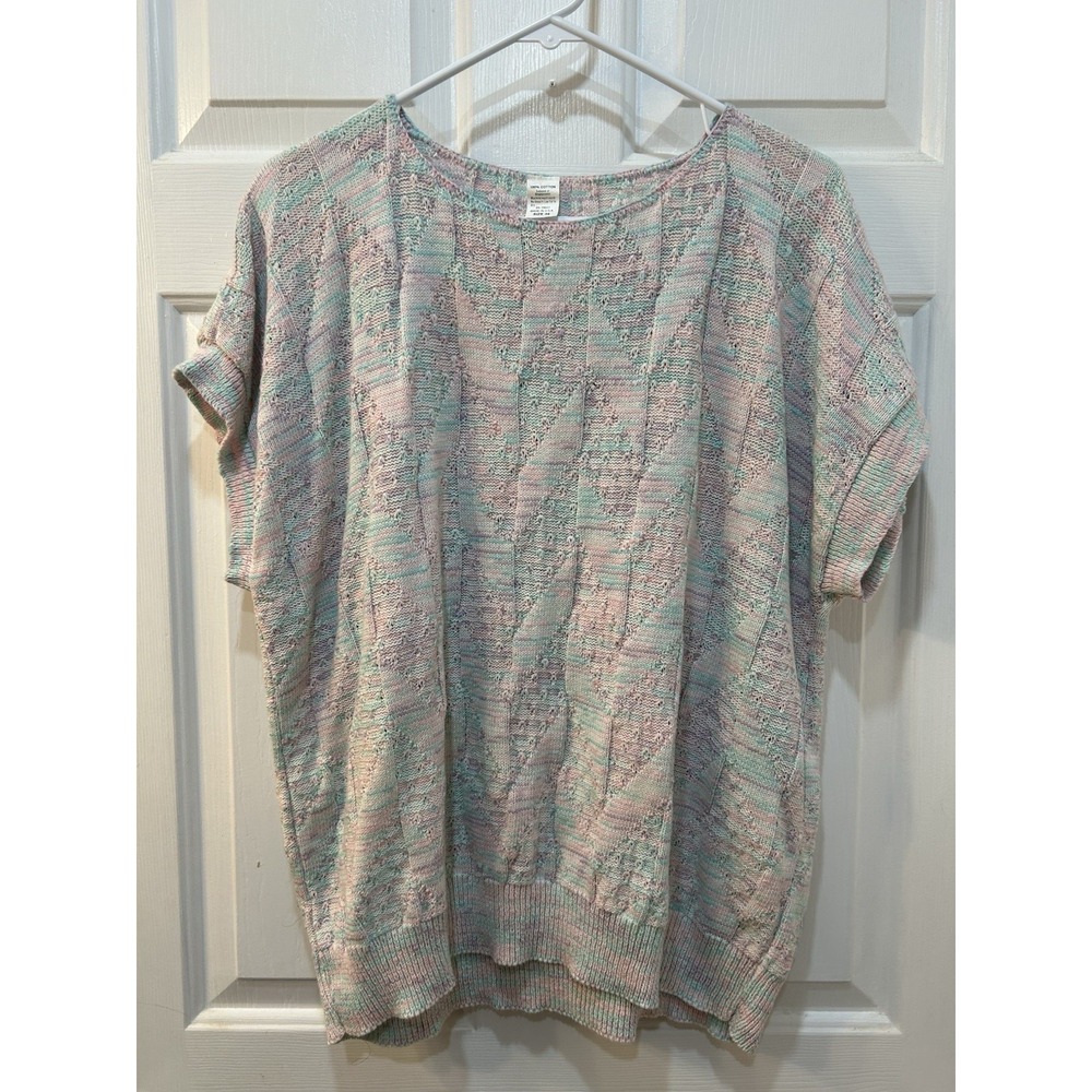 Vtg Textured Cotton Knit Short Sleeve Pull Over Sweater Sz XL Pastel Slouchy